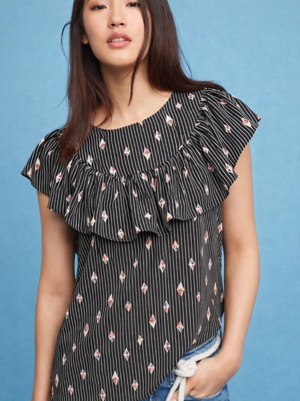 Eri & Ali – Goldie Striped Geometric Print Ruffle Top – Anthropologie – XS